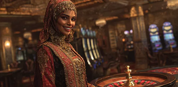 امرأة تبتسم وهي تسحب مقبض آلة القمار